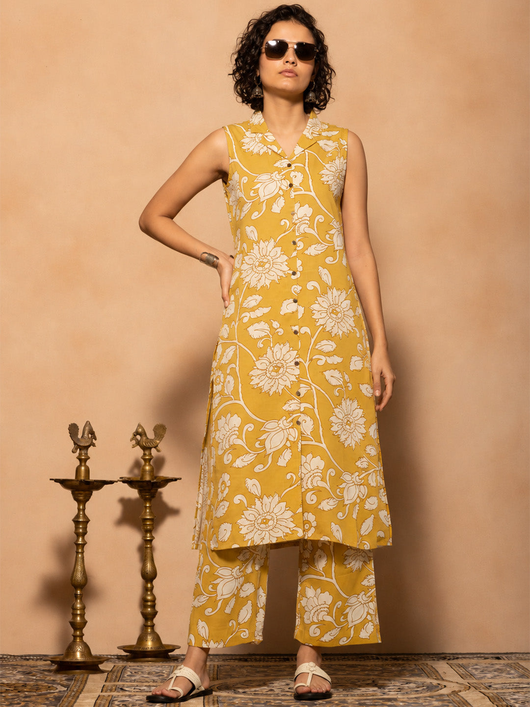 Yellow Printed A-line Kurta Set(2 Piece)