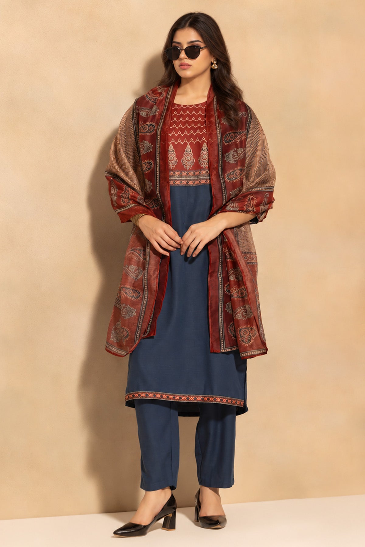 Blue Printed Kurta 3 Pcs Set