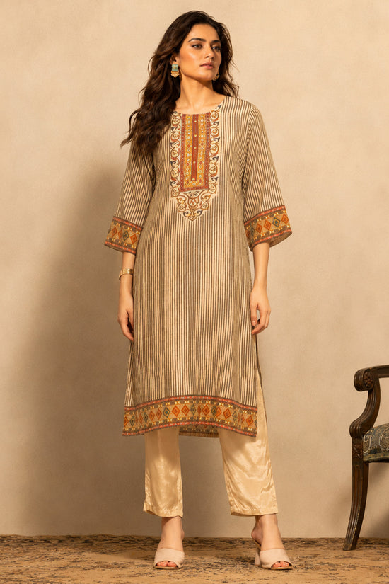 Beige Printed Kurta 3 Pcs Set