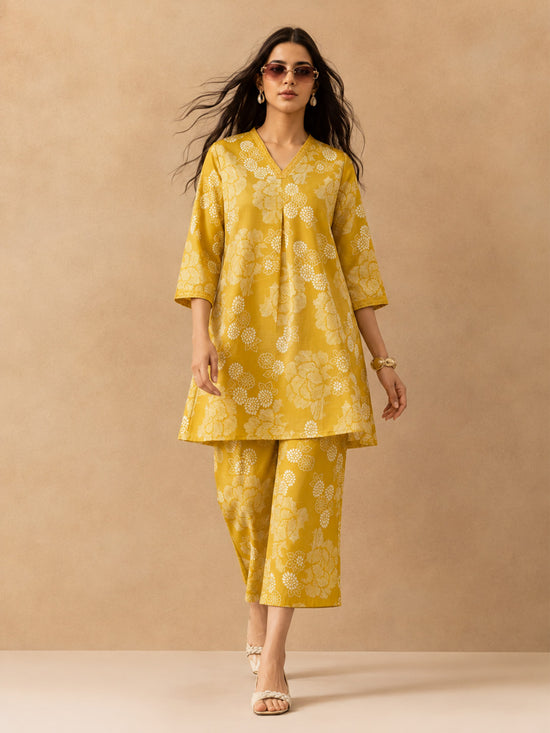 Yellow Printed A-line Kurta 2 Pcs Set