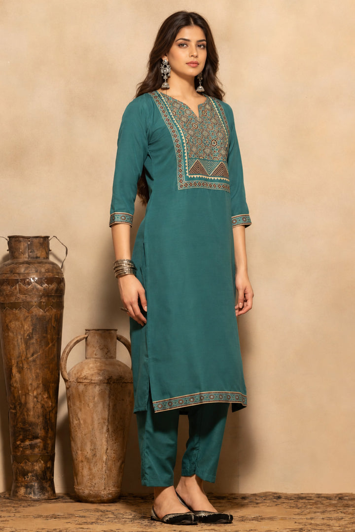 Teal Printed Kurta 3 Pcs Set