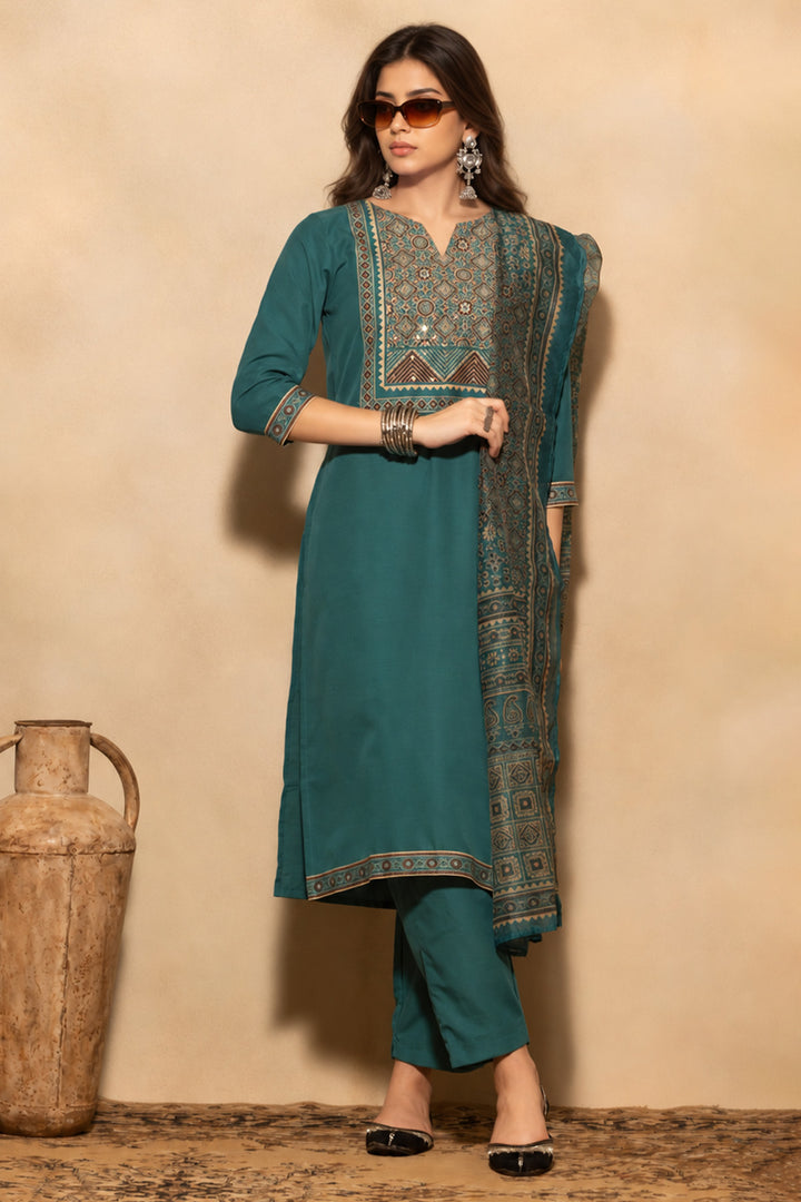 Teal Printed Kurta 3 Pcs Set