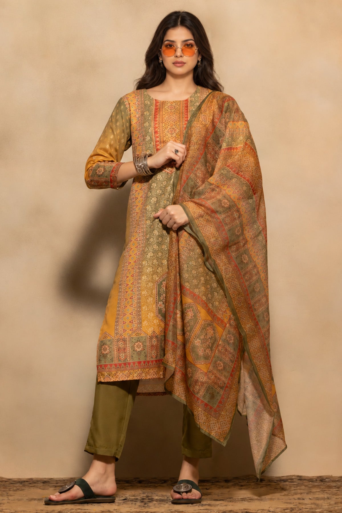 Green Printed Kurta 3 Pcs Set