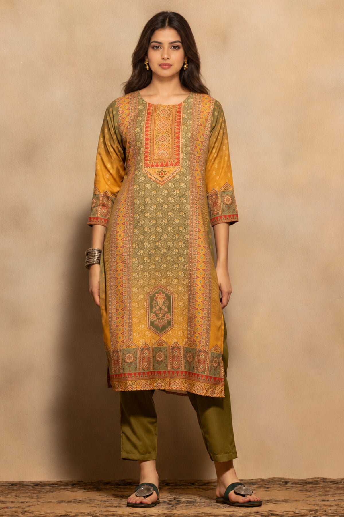 Green Printed Kurta 3 Pcs Set
