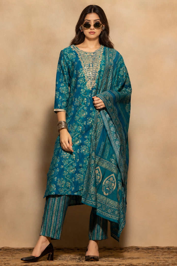 Blue Embroidered Kurta 3 Pcs Set