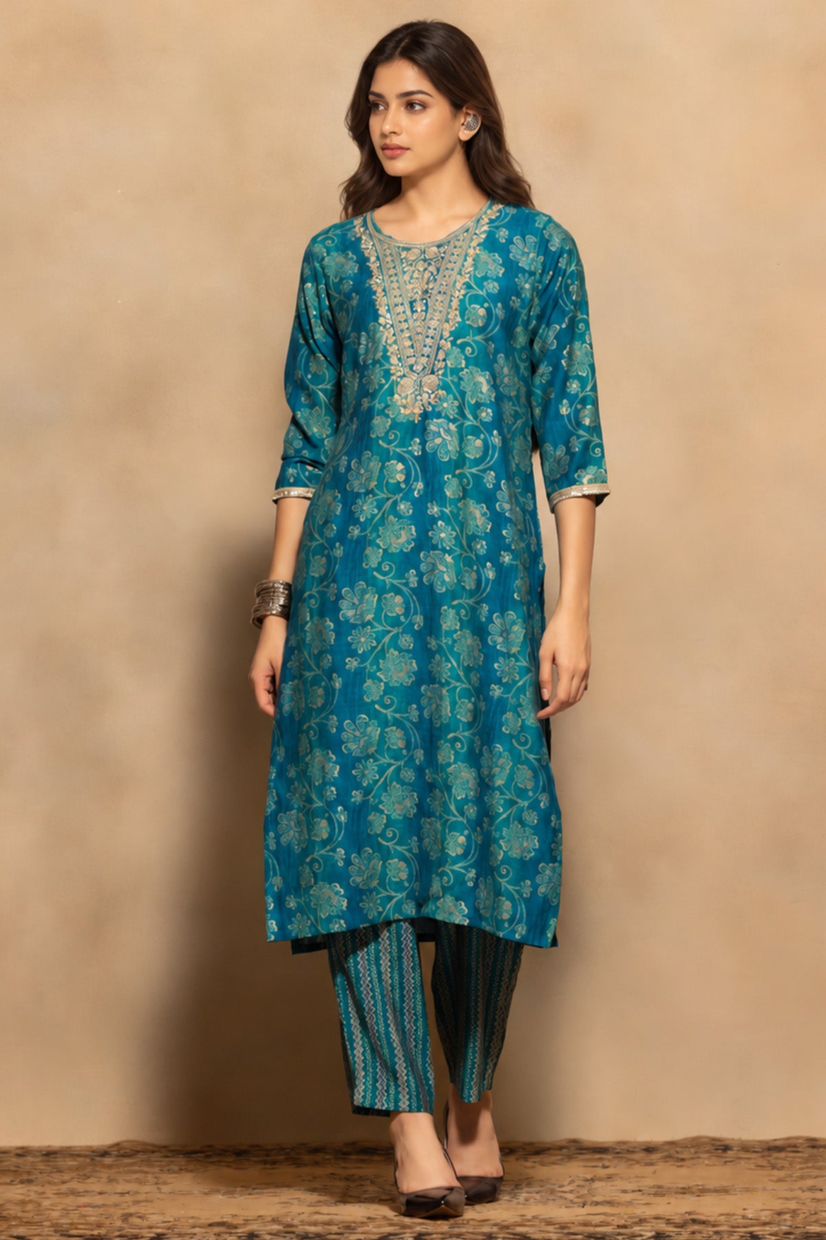 Blue Embroidered Kurta 3 Pcs Set
