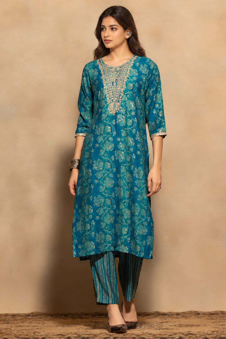 Blue Embroidered Kurta 3 Pcs Set