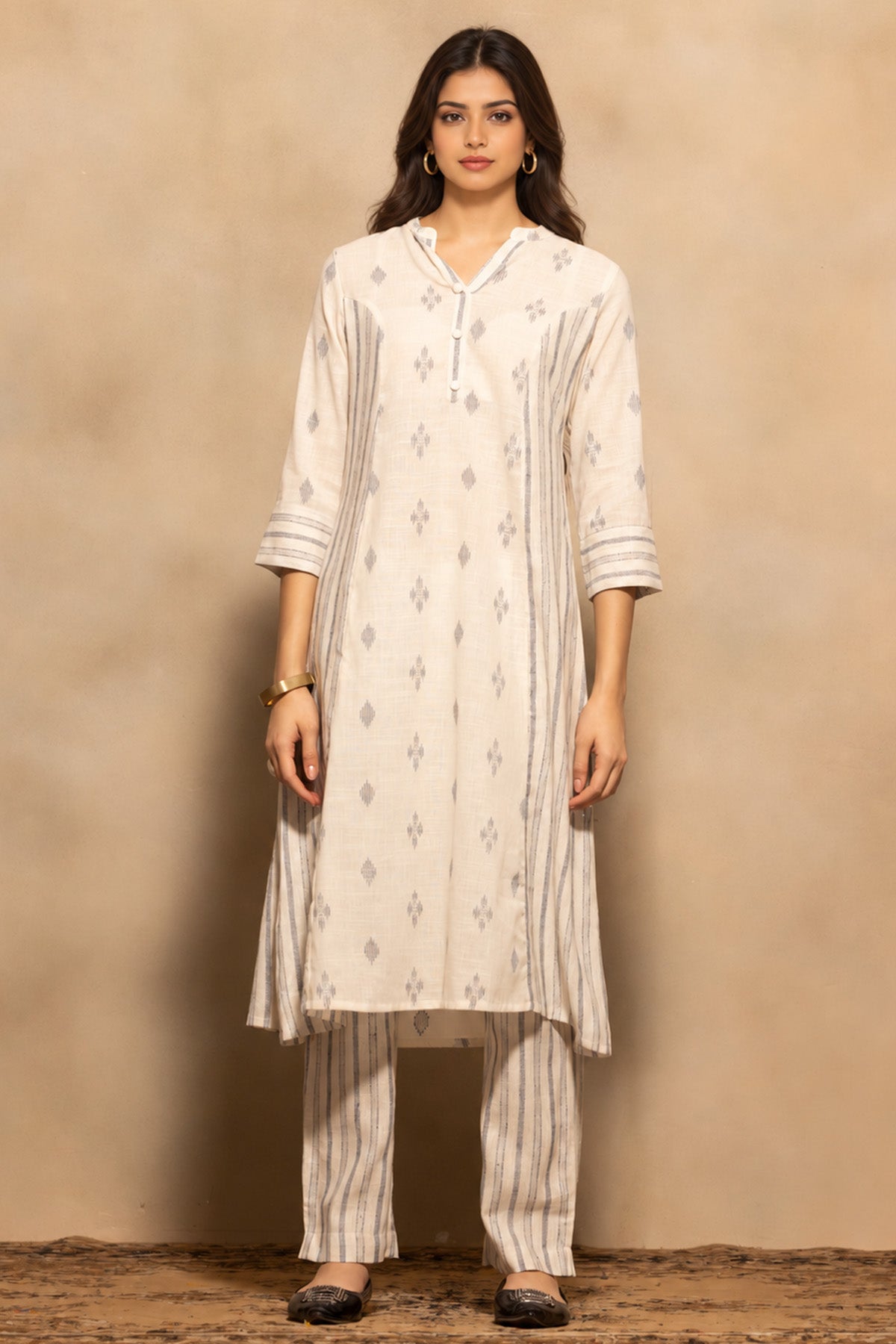 Cream A-line Printed Kurta 2 Pcs Set