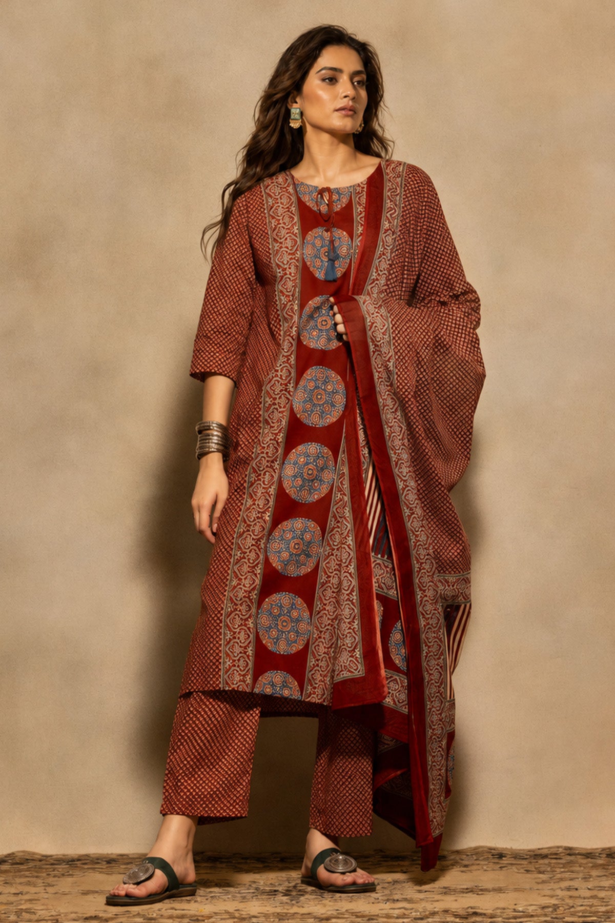Rust Block Printed Kurta 3 Pcs Set