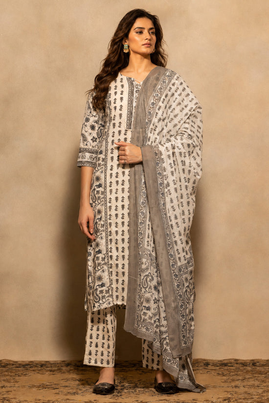 Cream Printed Kurta 3 Pcs Set