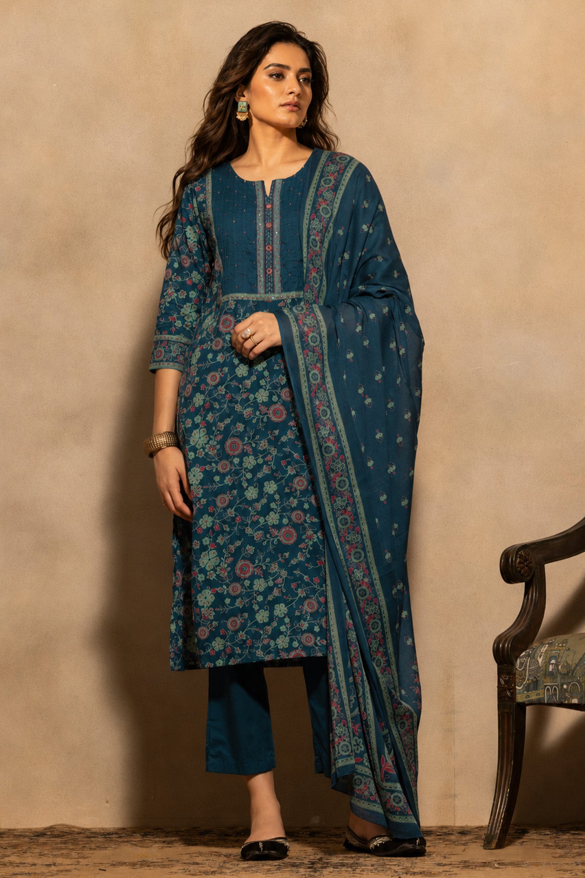 Teal Floral Printed Kurta 3 Pcs Set