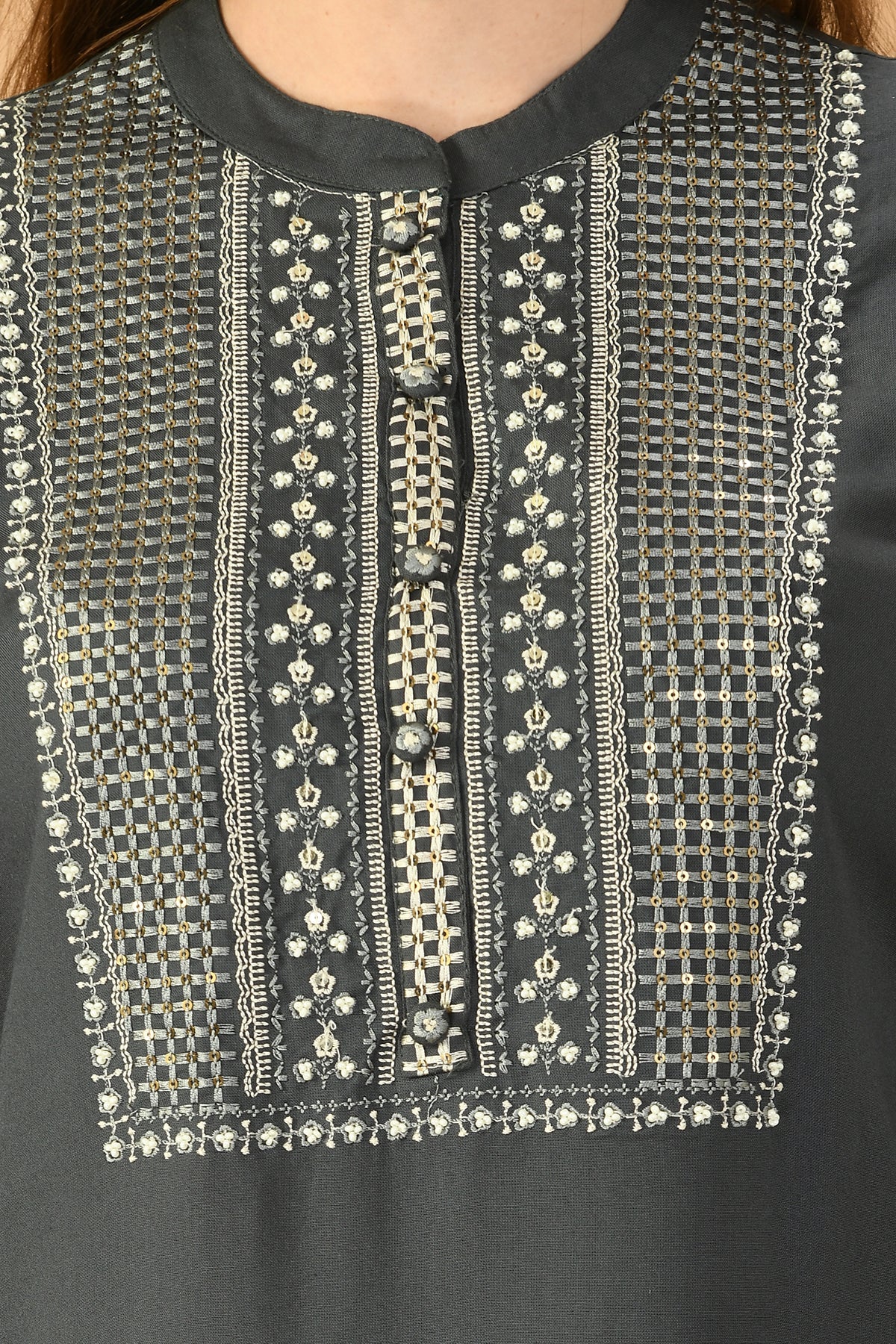 Grey Yoke Embroidered Kurta