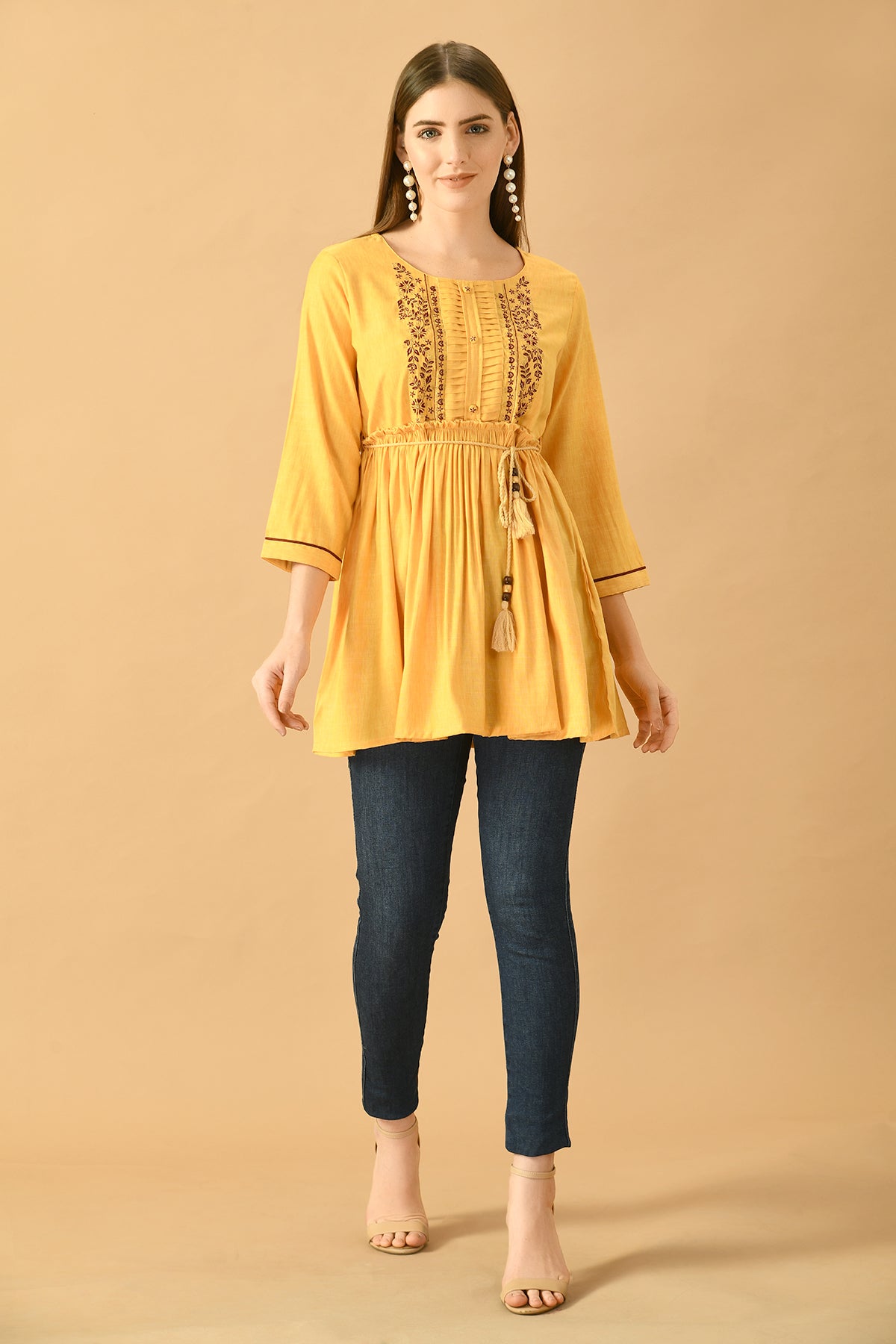 Mustard Yoke Embroidered Solid Top