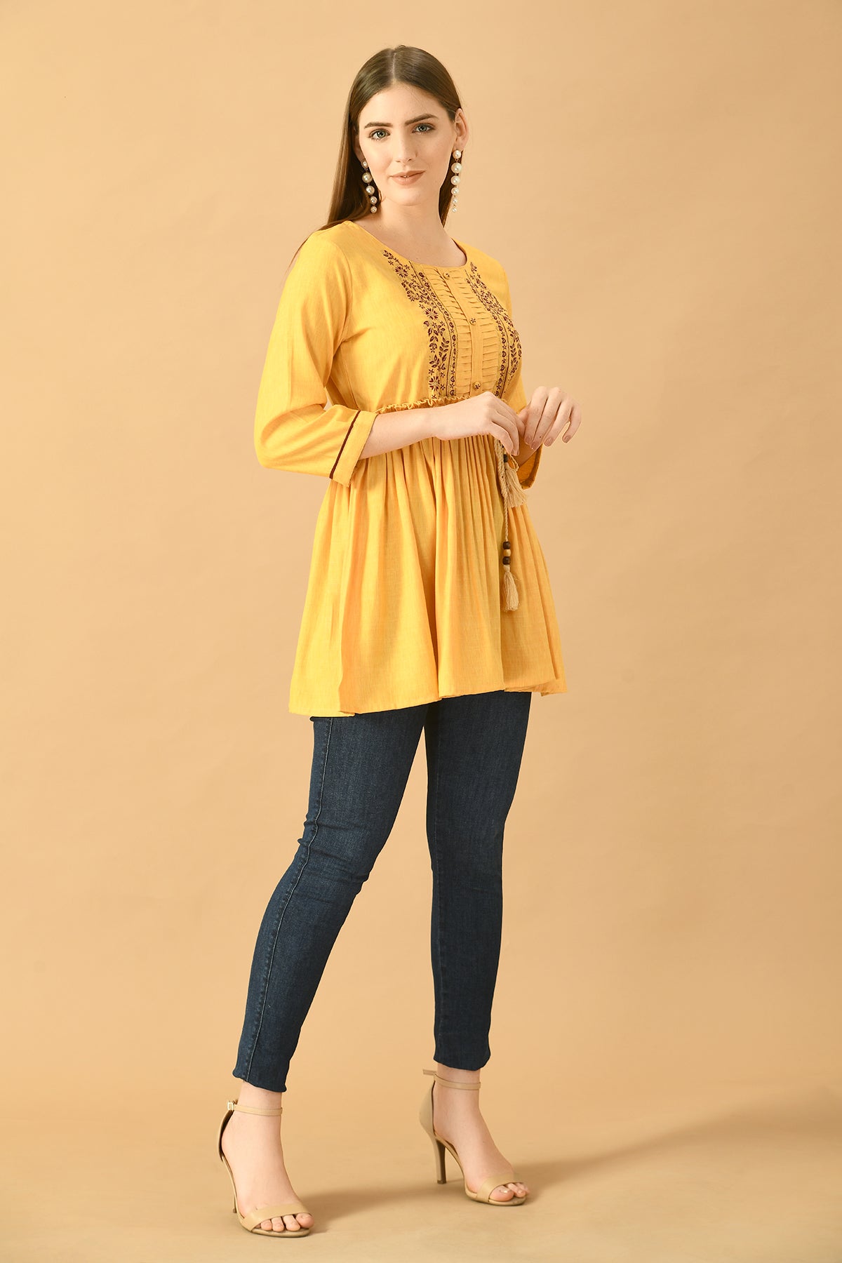 Mustard Yoke Embroidered Solid Top