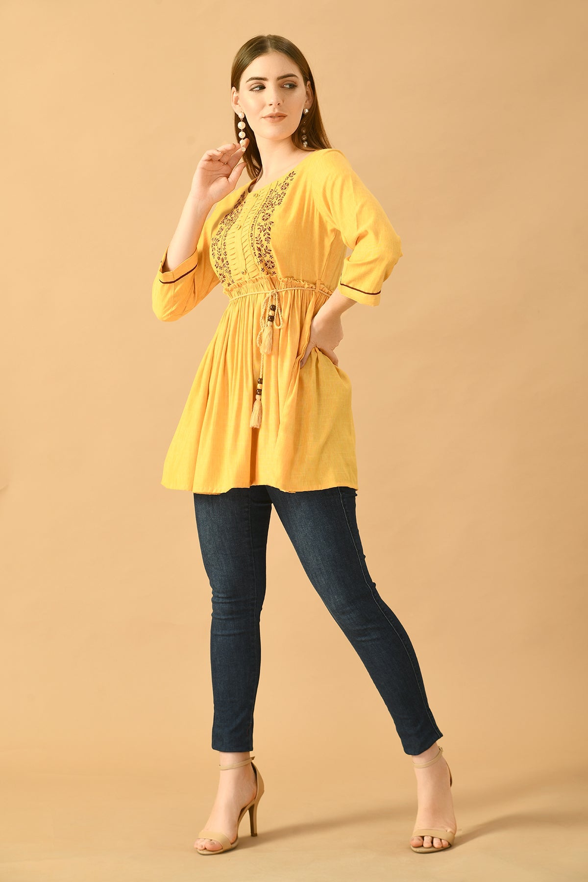 Mustard Yoke Embroidered Solid Top