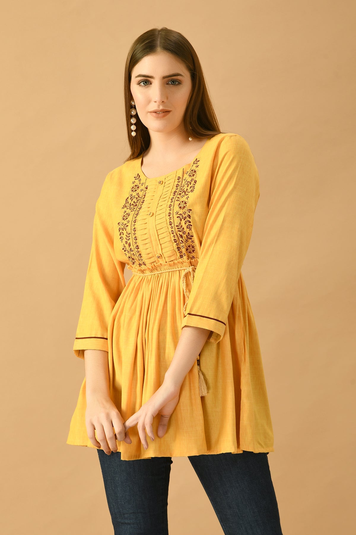 Mustard Yoke Embroidered Solid Top