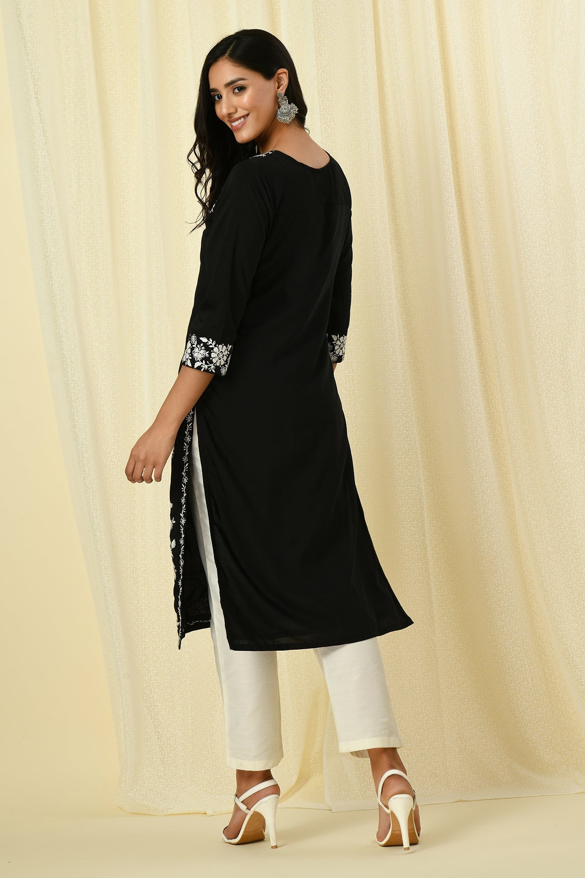 Women Black Embroidered Straight Kurtas