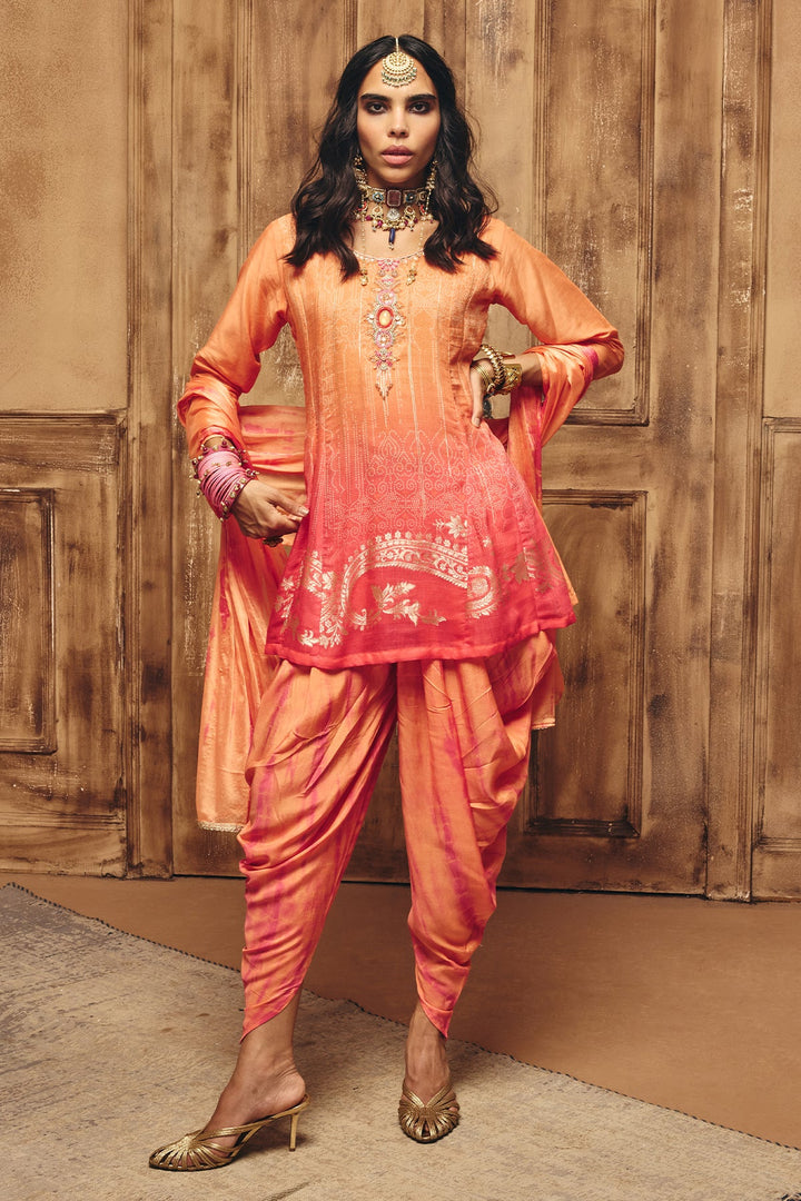 Peach Printed A Line Kurta Set