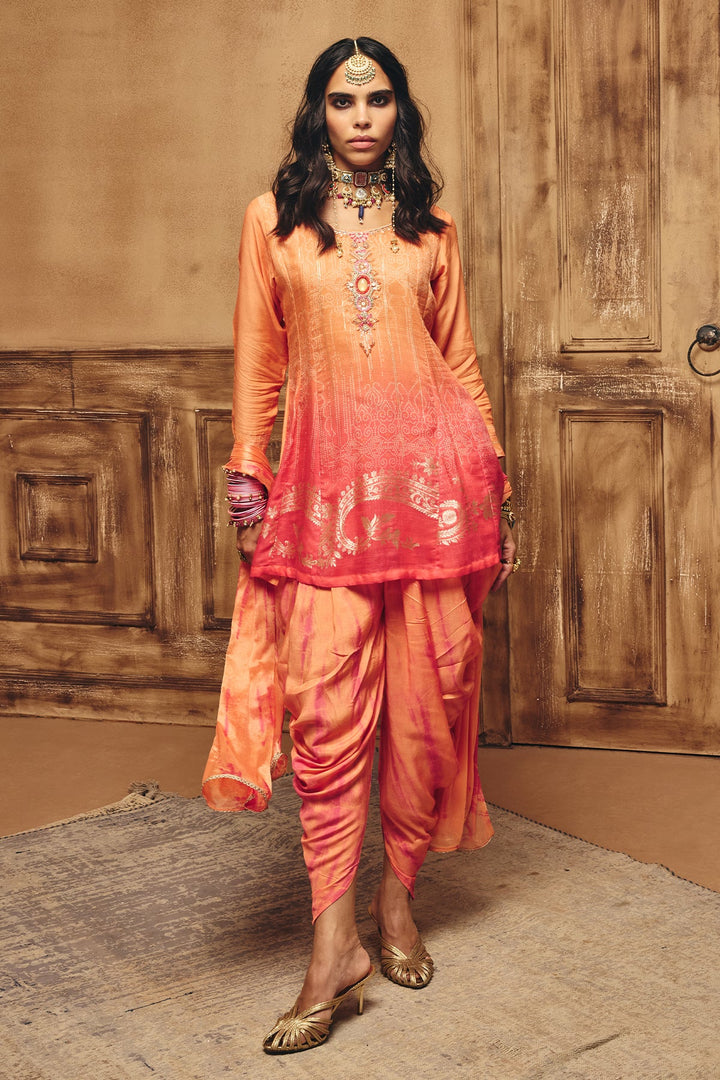 Peach Printed A Line Kurta Set