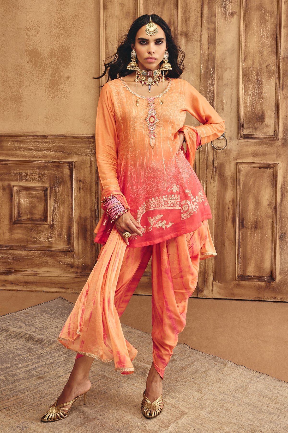 Peach Printed A Line Kurta 3 Pcs Set