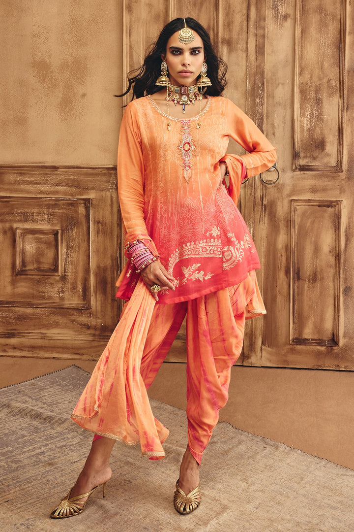 Peach Printed A Line Kurta Set
