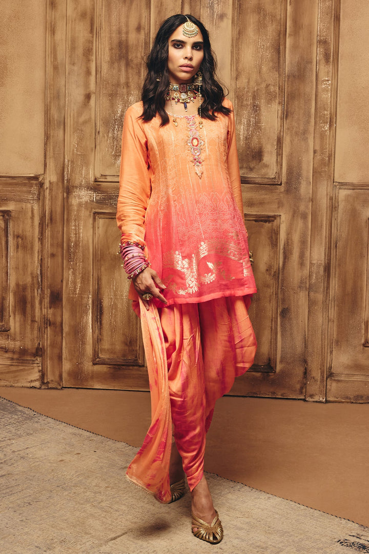 Peach Printed A Line Kurta Set