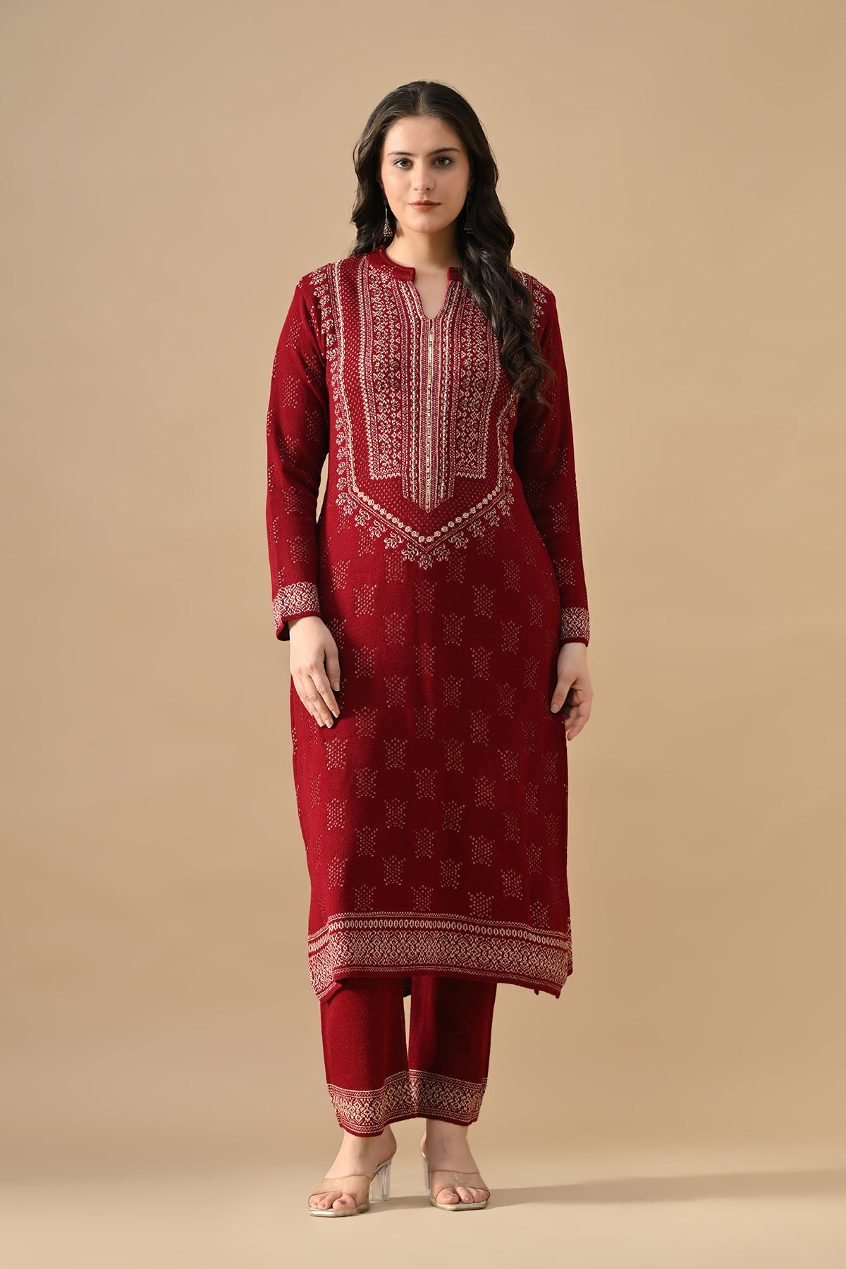 Winter Red Beads Embroidery Ethnic Motifs Woven Kurta 3 Pcs Set