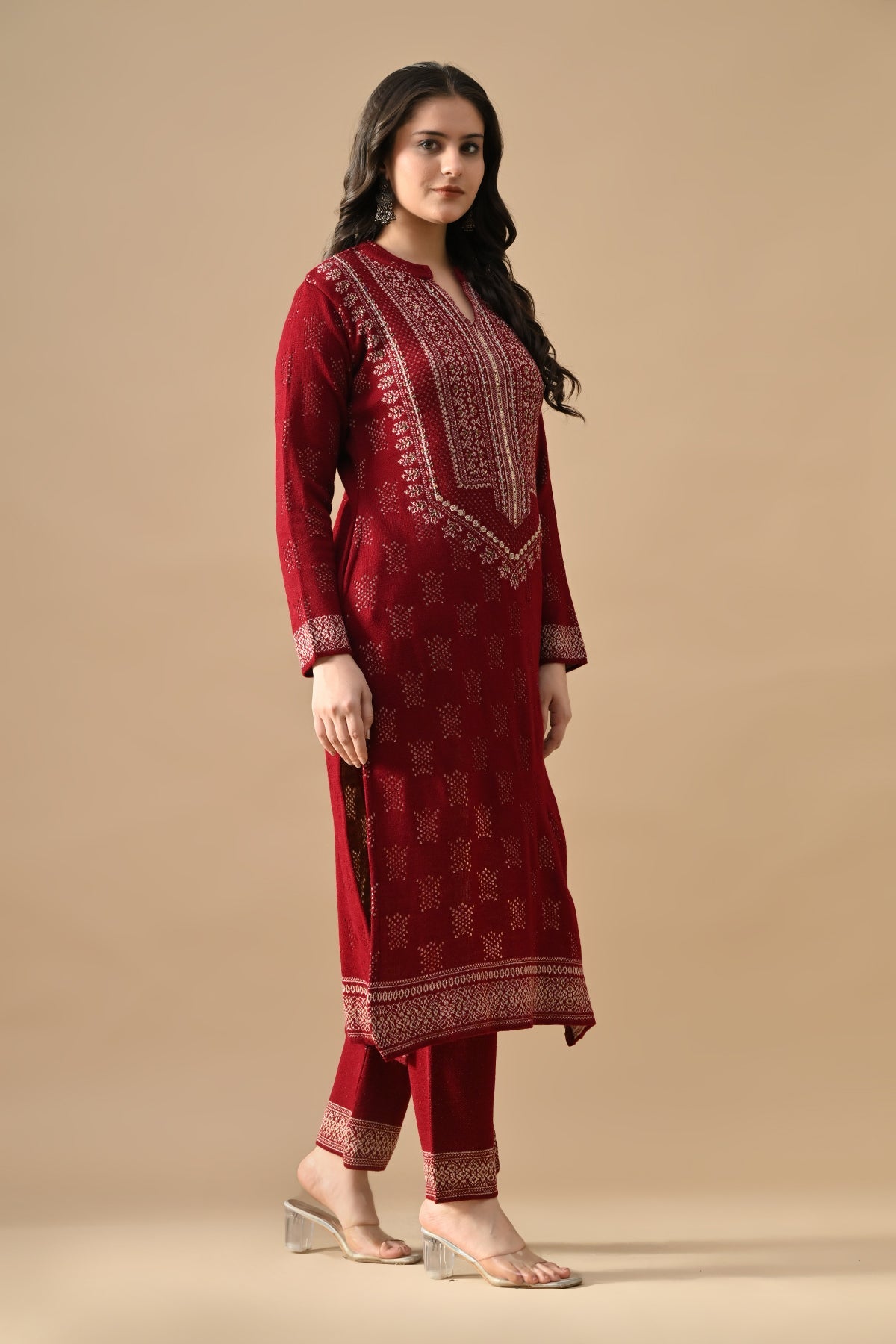 Winter Red Beads Embroidery Ethnic Motifs Woven Kurta 3 Pcs Set
