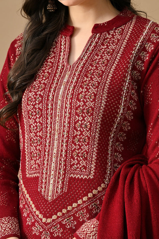 Winter Red Beads Embroidery Ethnic Motifs Woven Kurta 3 Pcs Set