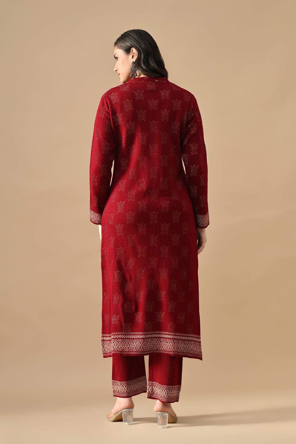 Winter Red Beads Embroidery Ethnic Motifs Woven Kurta 3 Pcs Set