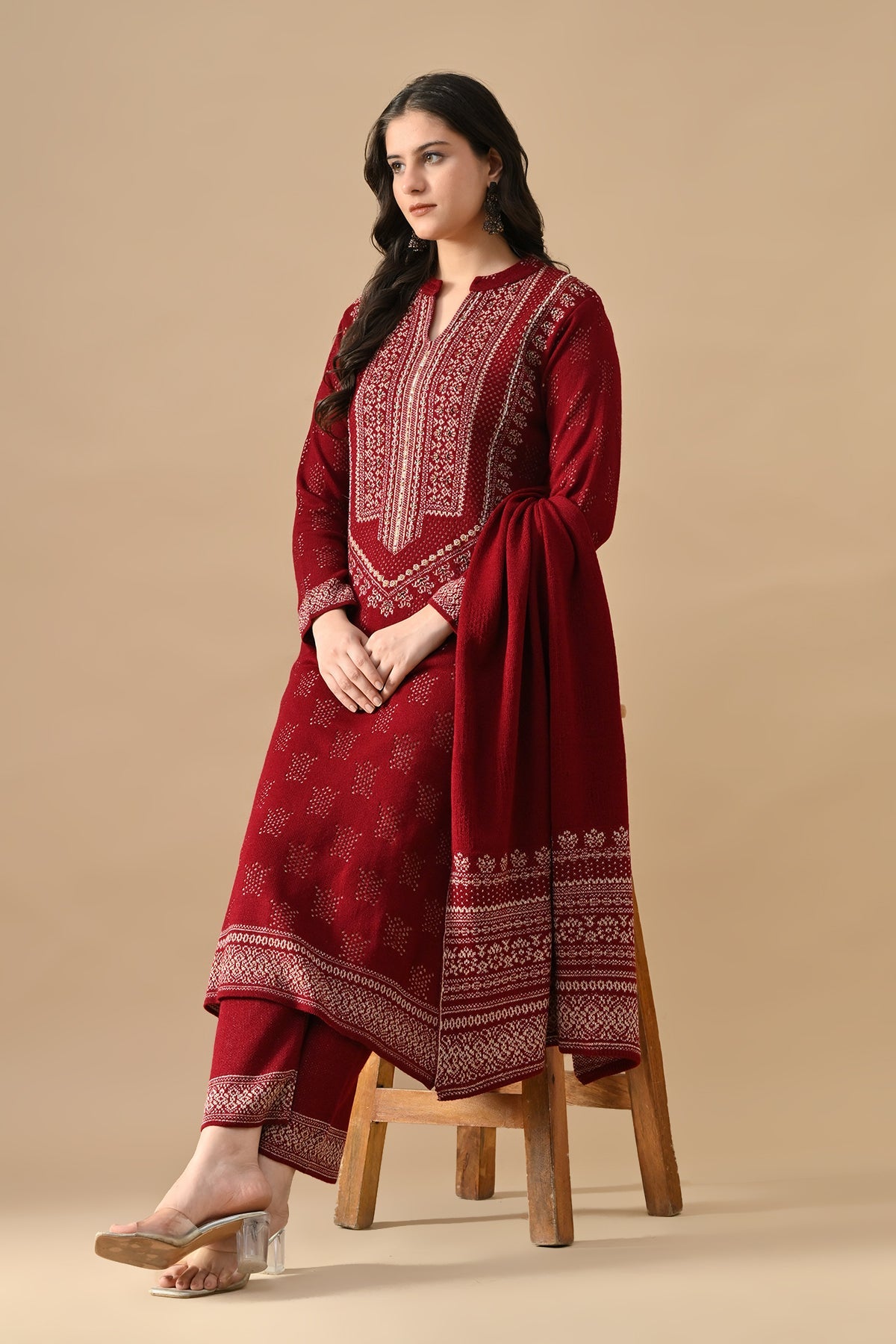 Winter Red Beads Embroidery Ethnic Motifs Woven Kurta 3 Pcs Set