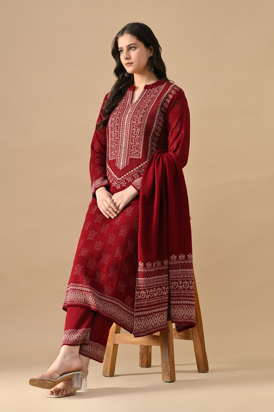 Winter Red Beads Embroidery Ethnic Motifs Woven Kurta 3 Pcs Set