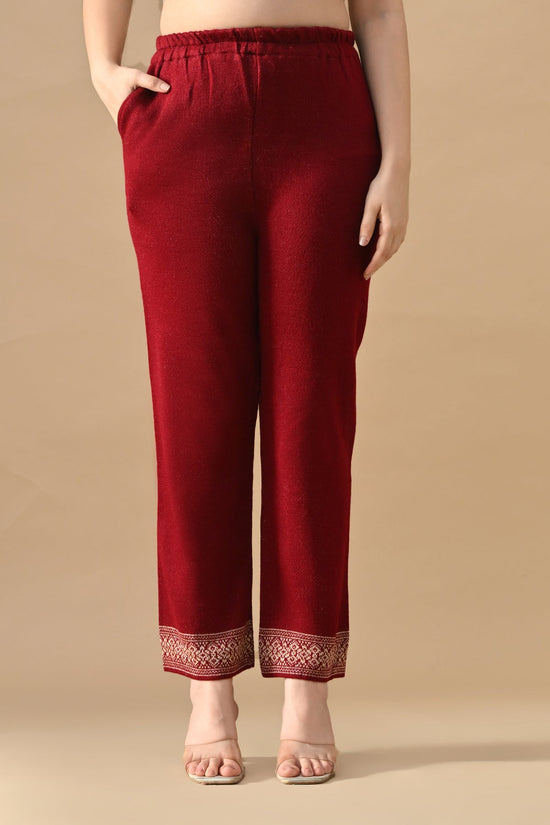 Winter Red Beads Embroidery Ethnic Motifs Woven Kurta 3 Pcs Set
