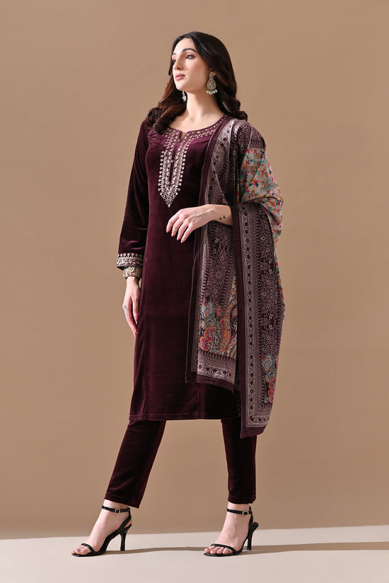 Winter Wine Embroidery Velvet Kurta 3 Pcs Set