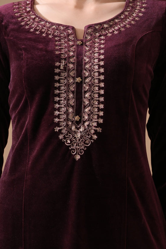 Winter Wine Embroidery Velvet Kurta 3 Pcs Set