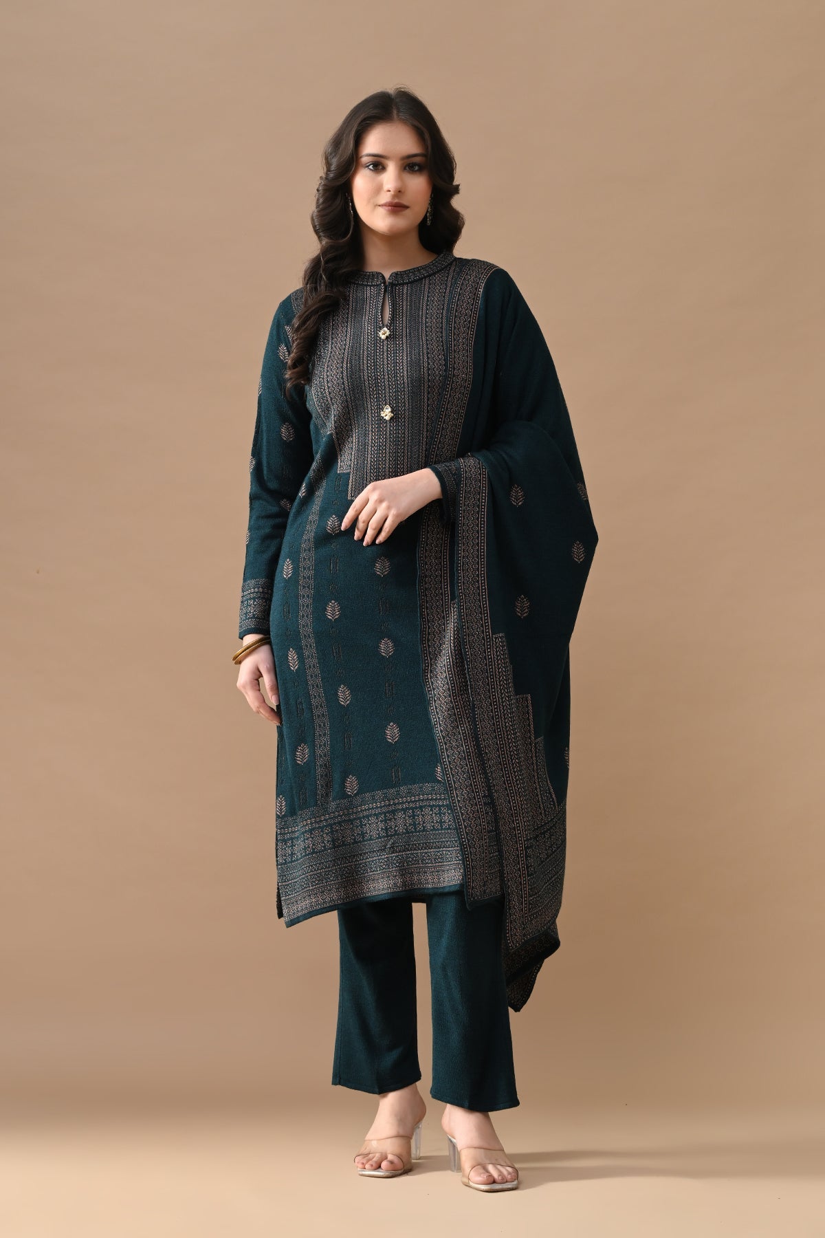 Winter Teal Self Design Woven Kurta 3 Pcs Set