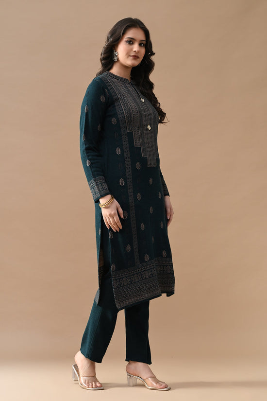 Winter Teal Self Design Woven Kurta 3 Pcs Set