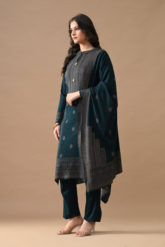 Winter Teal Self Design Woven Kurta 3 Pcs Set