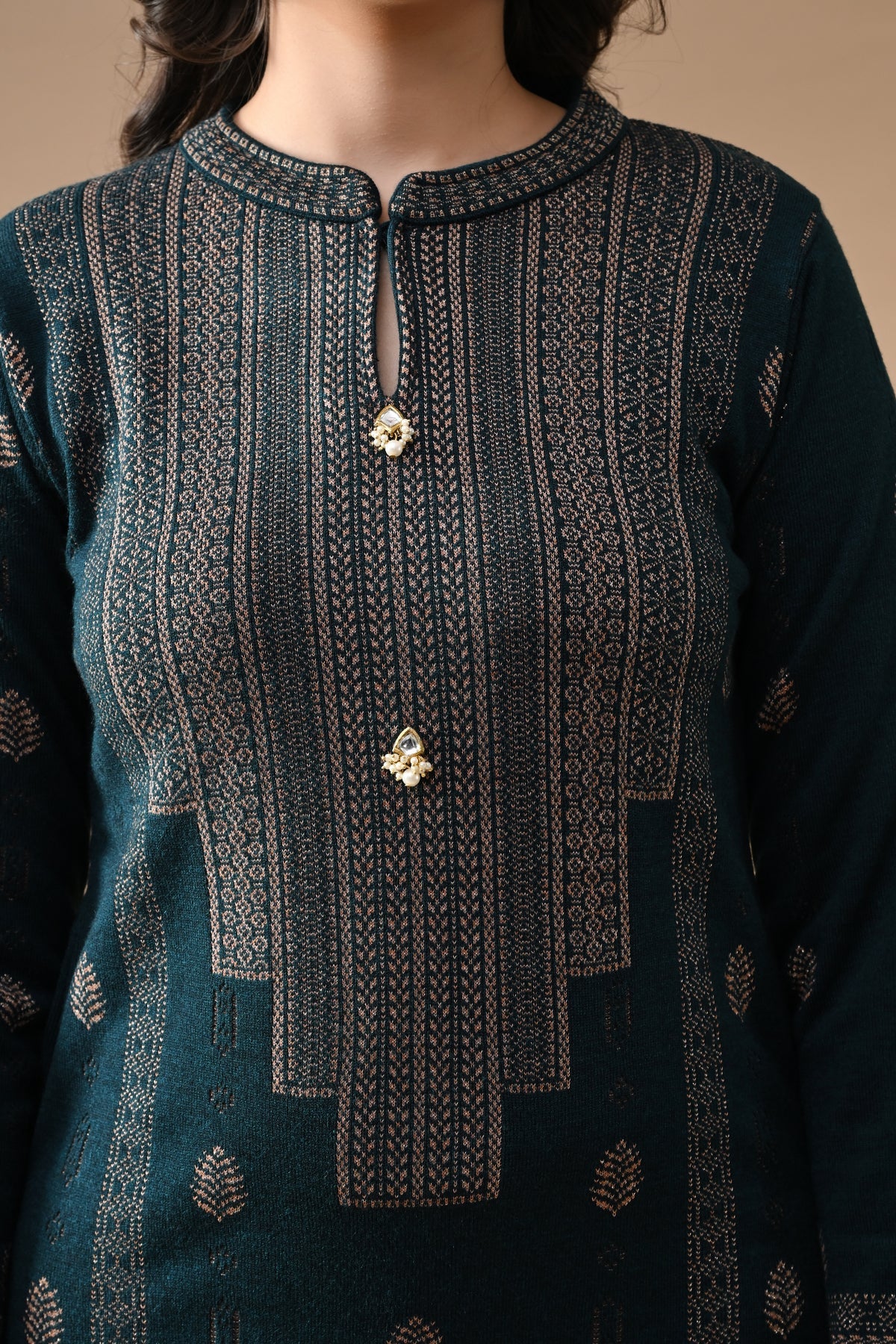 Winter Teal Self Design Woven Kurta 3 Pcs Set