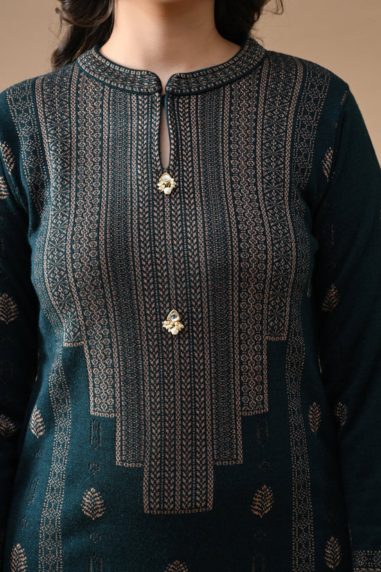 Winter Teal Self Design Woven Kurta 3 Pcs Set