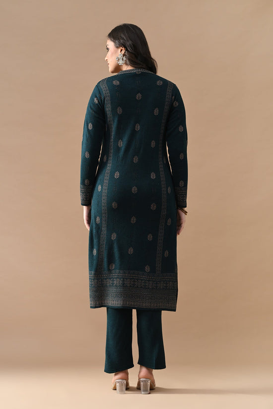 Winter Teal Self Design Woven Kurta 3 Pcs Set
