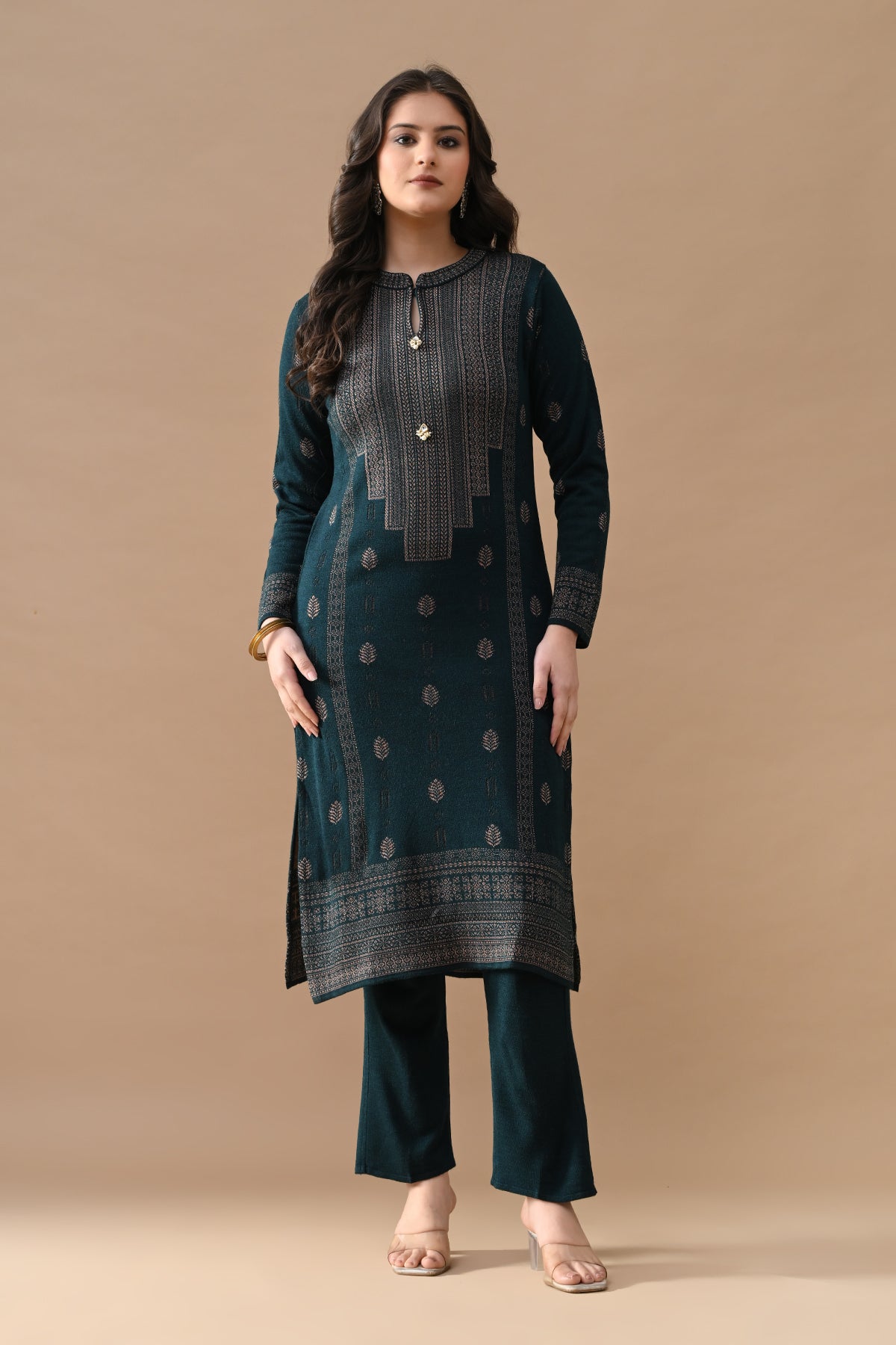 Winter Teal Self Design Woven Kurta 3 Pcs Set