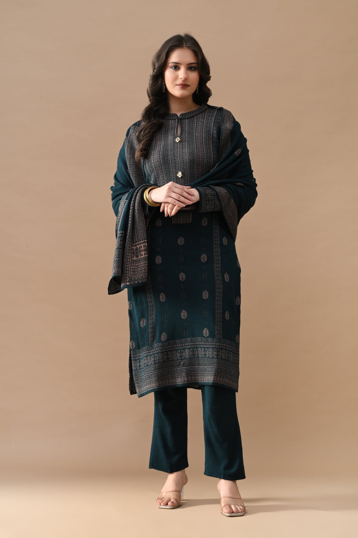Winter Teal Self Design Woven Kurta 3 Pcs Set