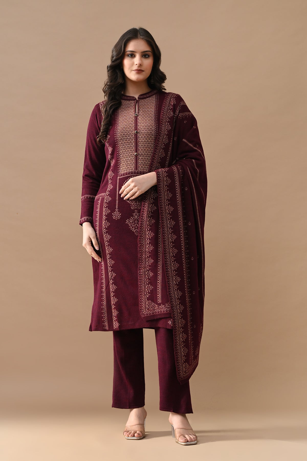 Winter Maroon Self Design Woven Kurta 3 Pcs Set