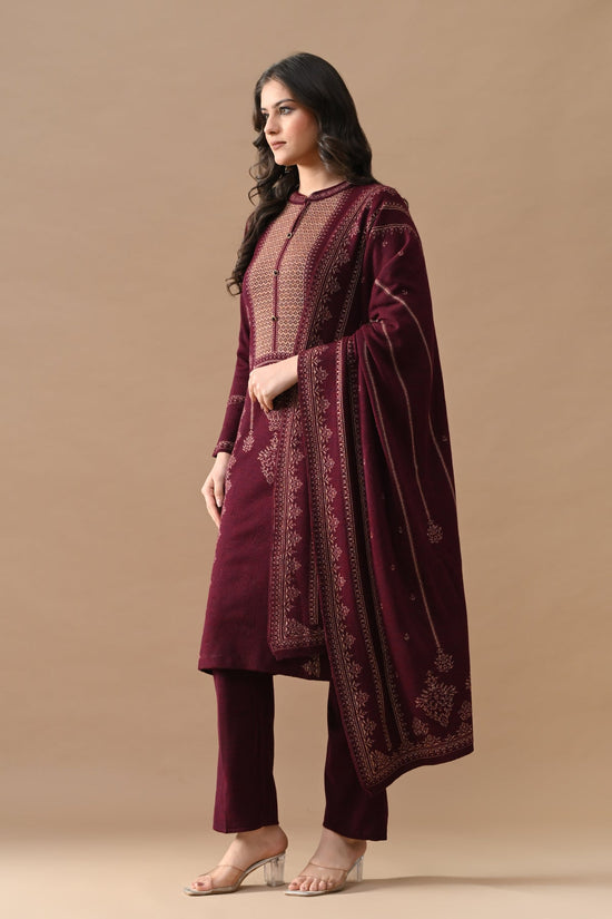 Winter Maroon Self Design Woven Kurta 3 Pcs Set