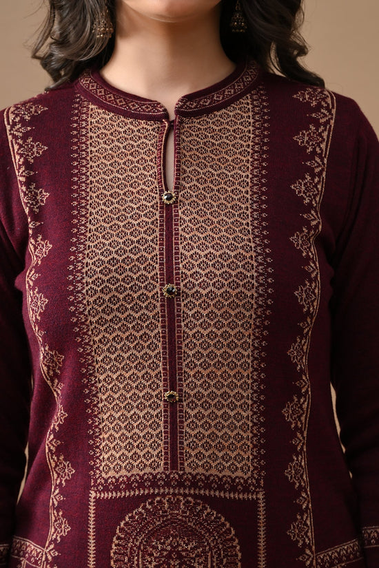 Winter Maroon Self Design Woven Kurta 3 Pcs Set