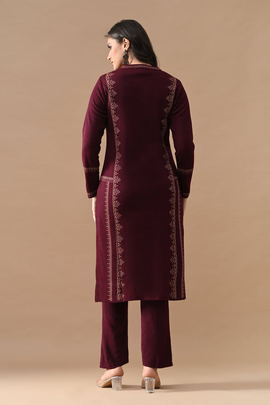 Winter Maroon Self Design Woven Kurta 3 Pcs Set