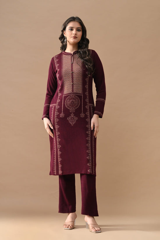 Winter Maroon Self Design Woven Kurta 3 Pcs Set