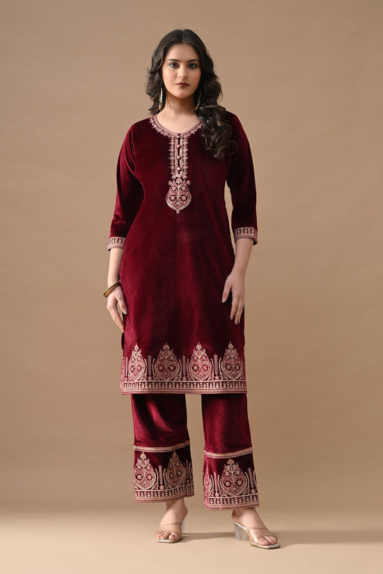 Maroon Embroidered Velvet Kurta Set (3 Piece)