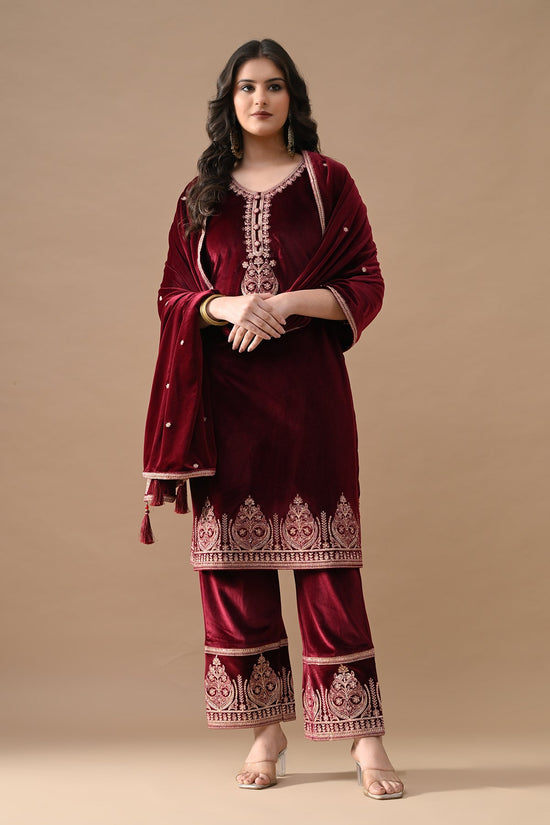 Maroon Embroidered Velvet Kurta Set (3 Piece)